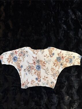 Floral Knit Boatneck Sweater Top - Cream with Blue & Tan Flowers